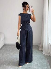 Conjunto de blusa de rayas con cuello de barco, cintura ceñida, pliegues laterales, lazo en el bajo, mangas cortas asimétricas + pantalones de pierna ancha con rayas y cintura elástica con bolsillos, elegante y vintage francés, apropiado para oficina, paseo, playa, casual, chic, versátil, té de la tarde, ocio, estilo bohemio, primavera/verano - Negro - Ver 4
