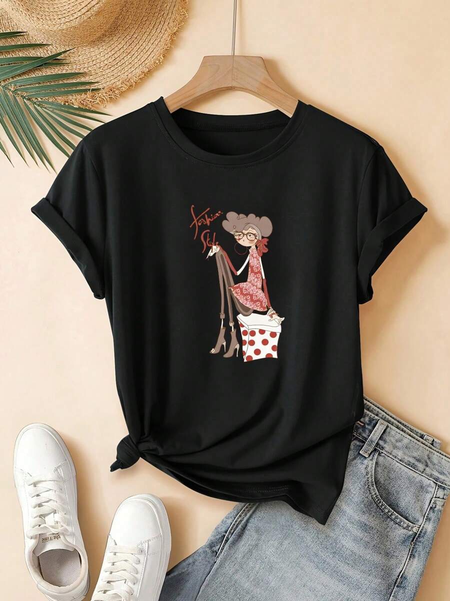 Camiseta de Mujer, Nuevo Estilo, Camiseta de Manga Corta para Mujer, Estampado de Chica a la Moda, Bolso de Mano, Tacones Altos y Bolso de Lunares, Top Casual Elegante y Hermoso - Negro - Ver 1