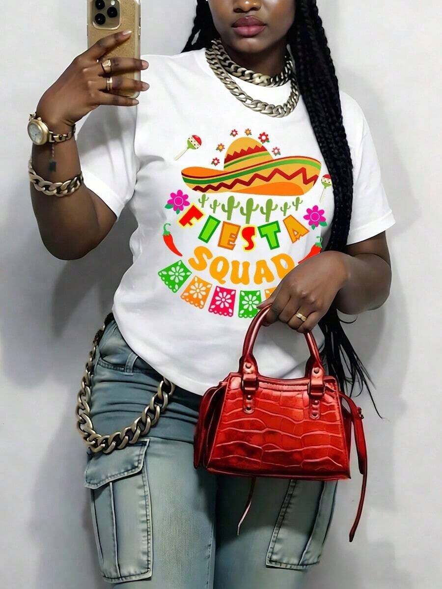Camiseta de manga corta informal con estampado gráfico de Fiesta Squad para mujer, estilo mexicano, versátil y cómoda, adecuada para todo tipo de cuerpo, ideal para uso diario y actividades, excelente opción de regalo para uso cotidiano. - Blanco - Ver 1