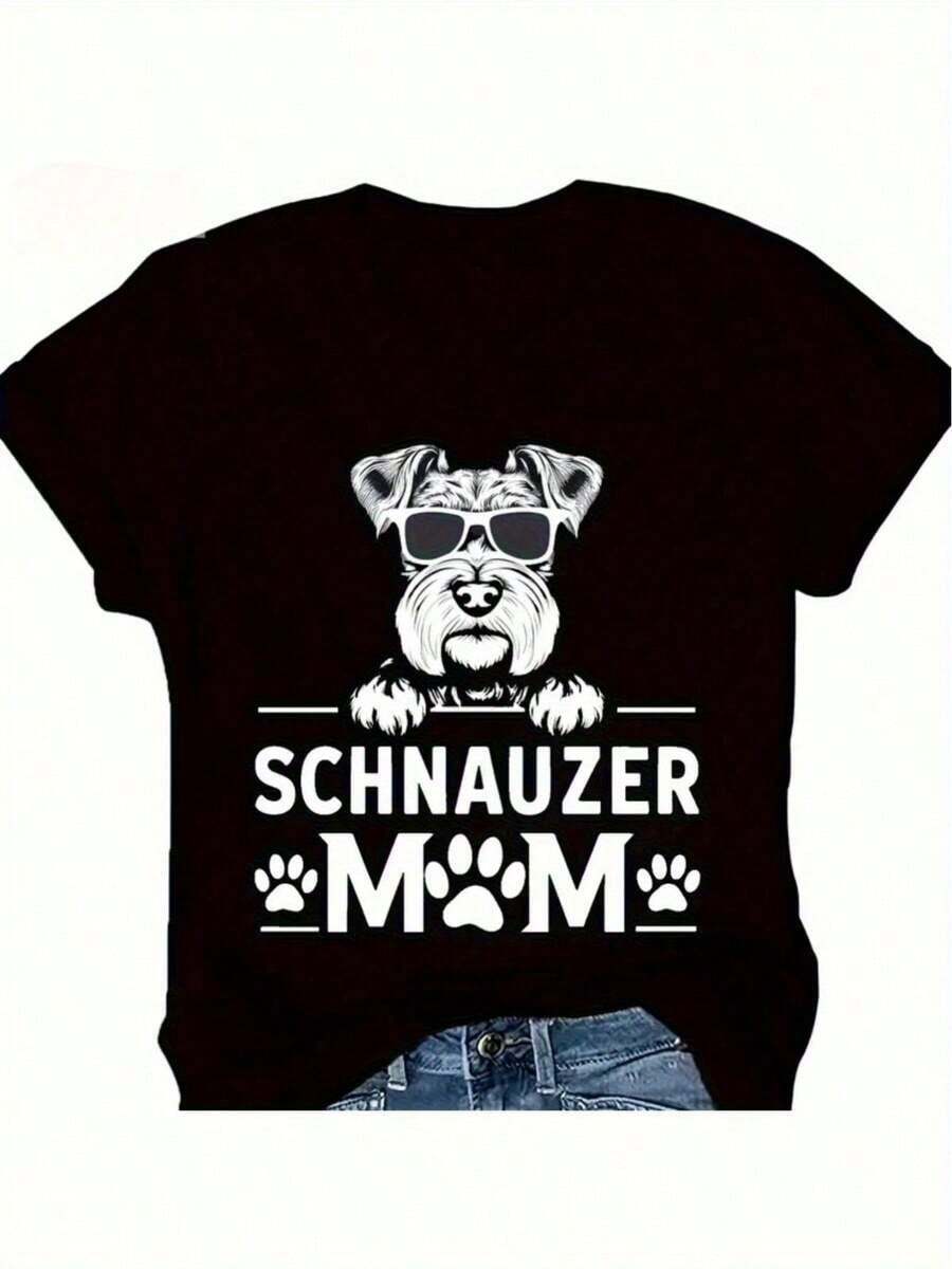 Camiseta inspirada en mamá Schnauzer para mujeres - Perro Schnauzer con gafas de moda y diseño de huella de pata, camiseta casual en blanco y negro con el nombre del dueño de Schnauzer, ropa lavable aáquina para amantes de Schnauzer (ropa de raza canina) - Negro - Ver 1