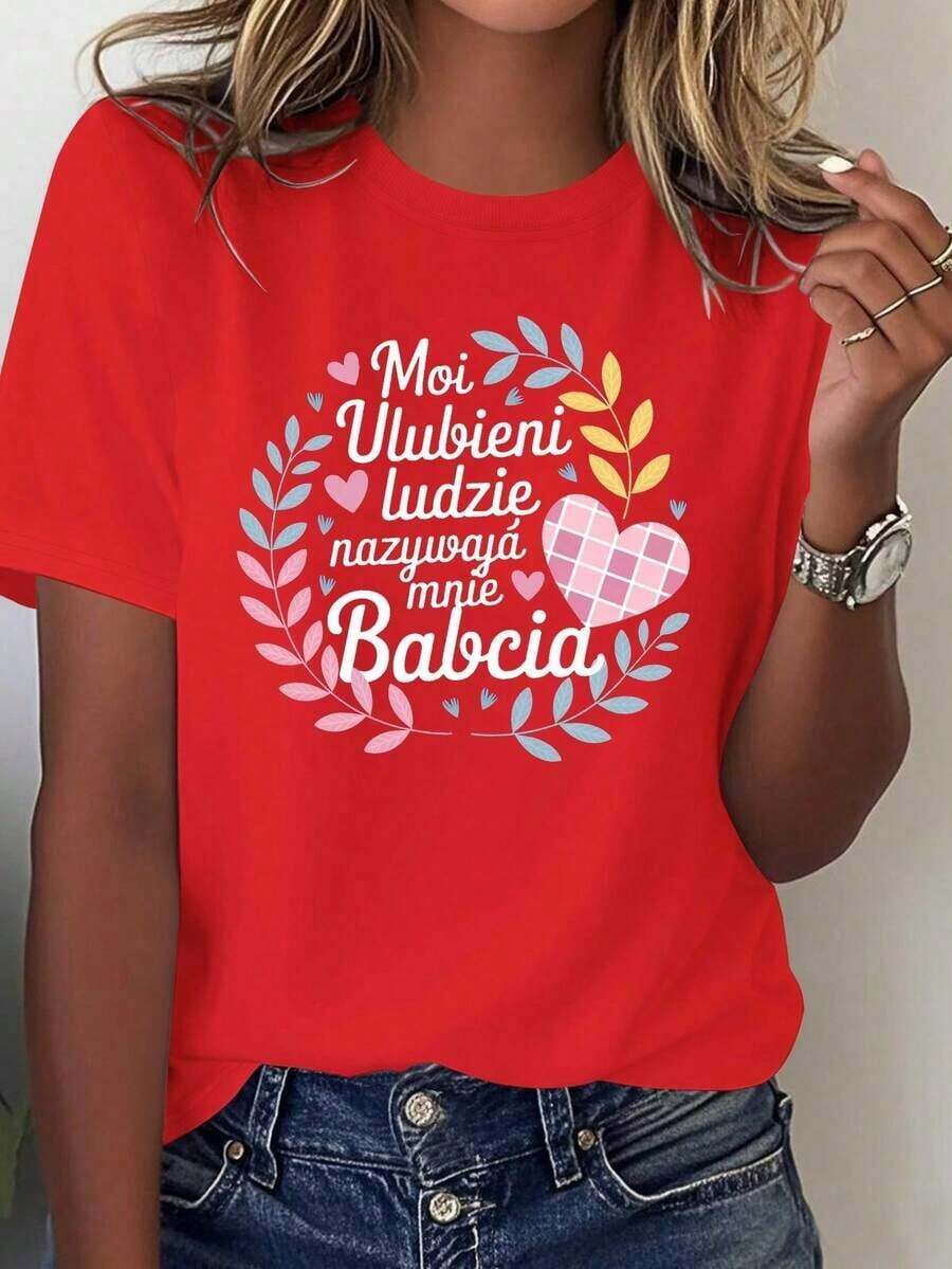 Camiseta cómoda de color sólido, con un divertido diseño de corazón de abuela polaca, versión para mujer - Estilo callejero vintage, camiseta unisex de algodón holgada de manga corta y cuello redondo, ropa fresca de verano para mujer. - Rojo - Ver 1