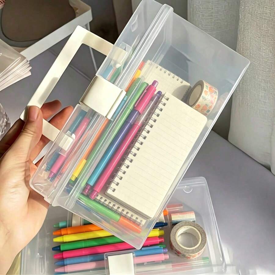1pc Transparent Frosted Portable Storage Box With Handle And Clasp, Durable Waterproof Dustproof Anti-Pollution Design, Sturdy Anti-Deformation Structure, Convenient Flip-Top Seal, Lightweight Handheld For Carrying, Clear View For Efficient Organization Of Papers, Documents, Stationery, Suitable For Student, Office, Home Desk - Multicolor - View 1