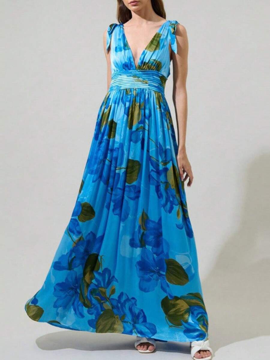 Vestido largo nuevo de verano para mujer, estilo vacacional boho, sexy, escote en V pronunciado, estampado floral, con plisados, diseño favorecedor, fresco, perfecto para vacaciones, playa, festivales y looks de día - Azul - Ver 1