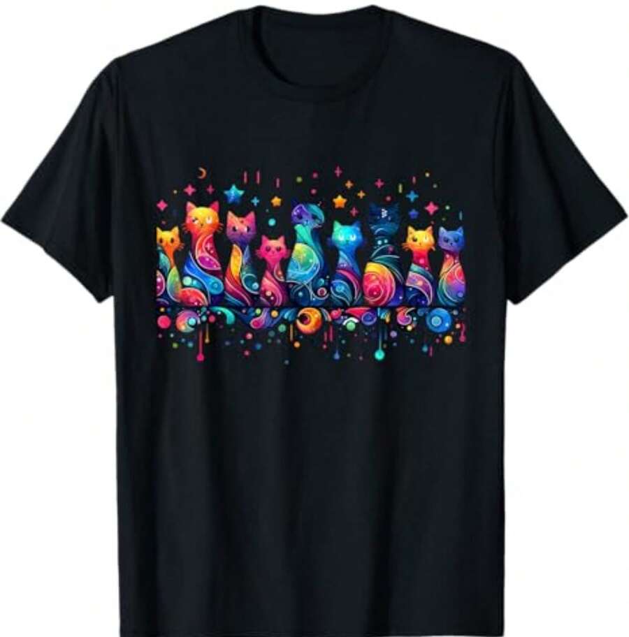 T-Shirt With A Colorful 80s Kitten Design, Artistic And Cute Cat Print Decoration. - 黑色 - 查看 1
