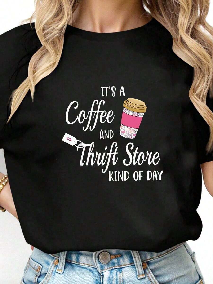 1 Piece Women's Funny Graphic T-Shirt With "It's A Thrift Store And Coffee Day" Print, Casual Short Sleeve Crew Neck T-Shirt, 180g 100% Cotton. - Black 1 - 查看 1