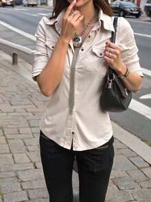 Camisa informal de manga larga en color caqui con cintura ceñida y utilidad, vestimenta casual para exteriores y para ir al trabajo, otoño - Marrón Mocha - Ver 8