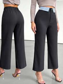 Black Patchwork Blue & White Striped Straight Leg Trousers, Versatile Commuter Pants - Black and Blue - View 1