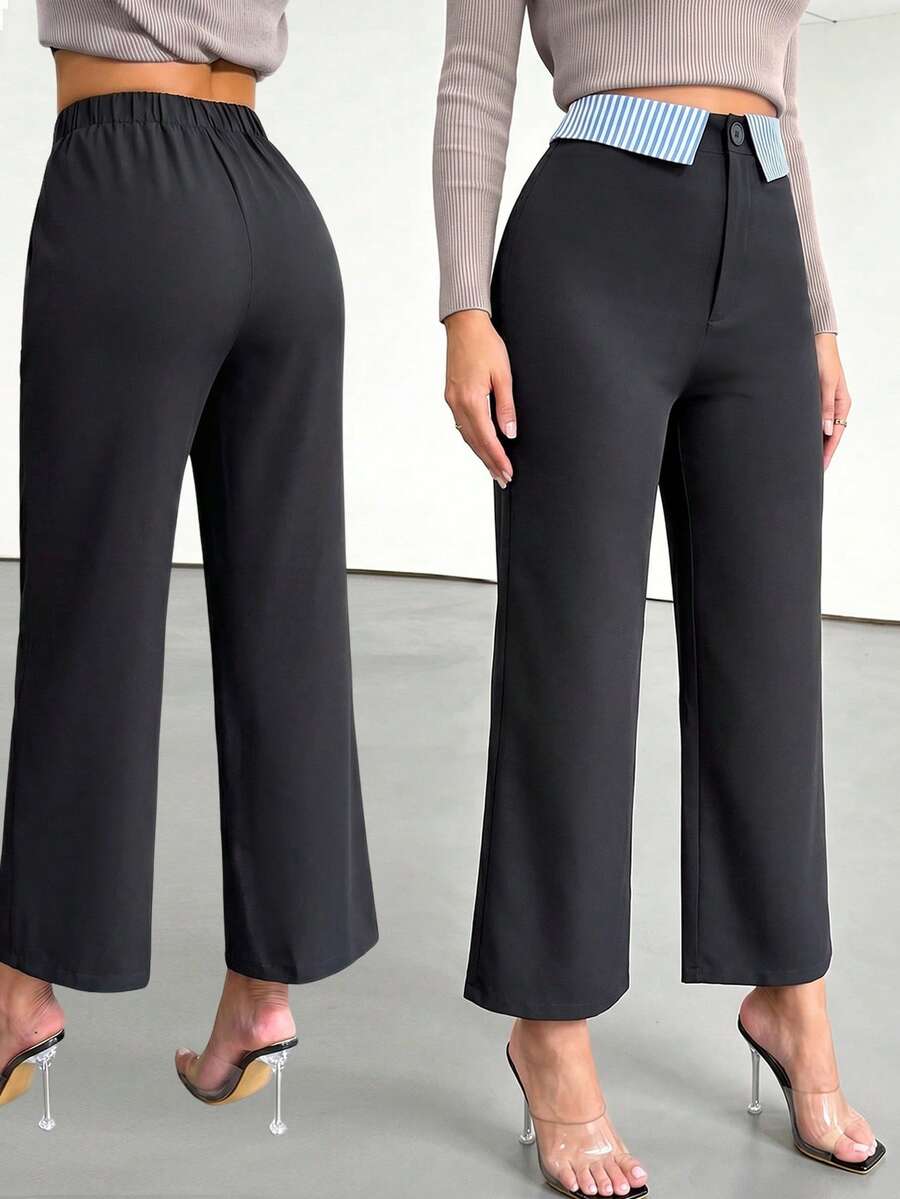 Black Patchwork Blue & White Striped Straight Leg Trousers, Versatile Commuter Pants - Black and Blue - View 1
