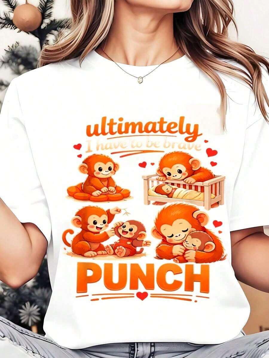 Camiseta de Cuello Redondo para Mujer con Estampado de Familia de Monos y Diseño de Golpe, Ropa Casual de Verano para Uso Diario y Vacaciones, 220g, Playera Holgada para Mujer - Blanco - Ver 1
