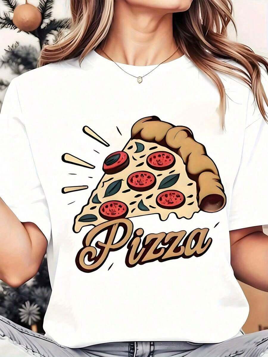 Camiseta de Mujer con Estampado de Rebanada de Pizza y Texto, Cuello Redondo, Uso Diario Casual, Suave y Cómoda, para Vacaciones, 220g, Playera Holgada para Mujer - Blanco - Ver 1