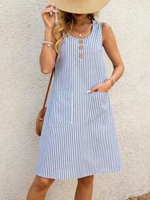 Vestido casual de mujer con diseño de botones, cuello redondo, sin mangas, a rayas y con bolsillo - Azul y blanco - Ver 7