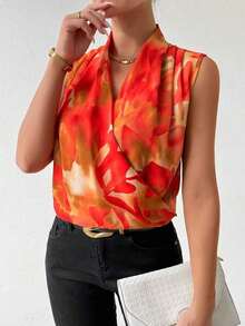 sin mangas con escote cruzado teñida anudada para uso diario, blusas sin mangas - Naranja - Ver 5