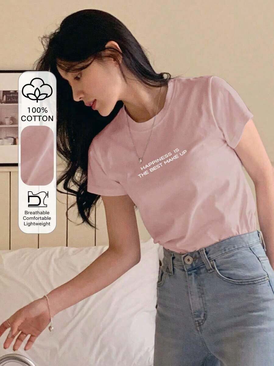 Camiseta casual de manga corta con cuello redondo, estampado de letras en azul cielo, para primavera/verano - Rosa - Ver 1