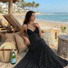 guangzhougaolangshangmao  Vestido largo con estampado de lunares negros, encaje y parches, escote en V, cuello halter, espalda descubierta, cintura con lazo, para mujer, primavera/verano, elegante para vacaciones/citas/invitada de boda, uso diario minimalista - Blanco - Ver 9