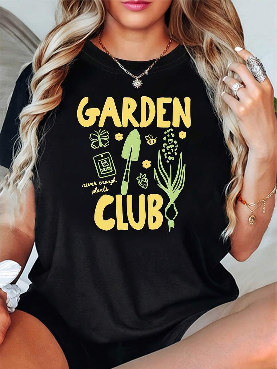 Camiseta GARDEN Gardening Club con estampado de herramientas, negra, cuello redondo, estampada, lavable aáquina, estilo casual, ajuste cómodo, diseño moderno, adecuada para todas las vacaciones y fiestas, celebraciones estacionales, estampados estacionales divertidos - Estilo vintage urbano, unisex, holgada, de algodón, manga corta, cuello redondo. - Negro - Ver 1