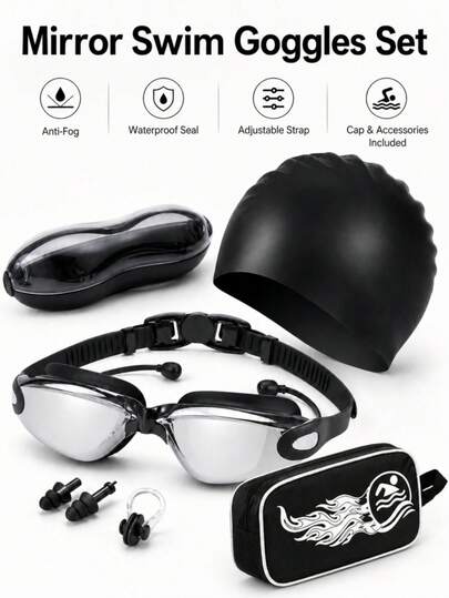 Adult Electroplated Swimming Goggles Set, Includes Ear Plugs, Nose Clip, Glasses Case, Swimming Bag And Swimming Cap. Features Include Anti-Fog, Waterproof, Myopia Lenses, Electroplated Flat Lenses, UV Protection