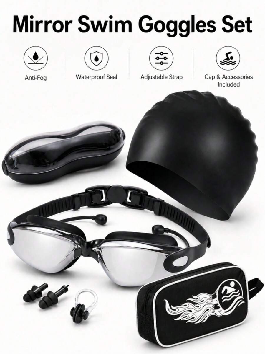 Adult Swimming Goggles Set With Electroplated Lens, HD Anti-Fog Waterproof Anti-Leak UV Protection Swim Goggles With Earplugs, For Pool Beach Training, Swim Gear & Beach Essentials - Multicolor - View 1