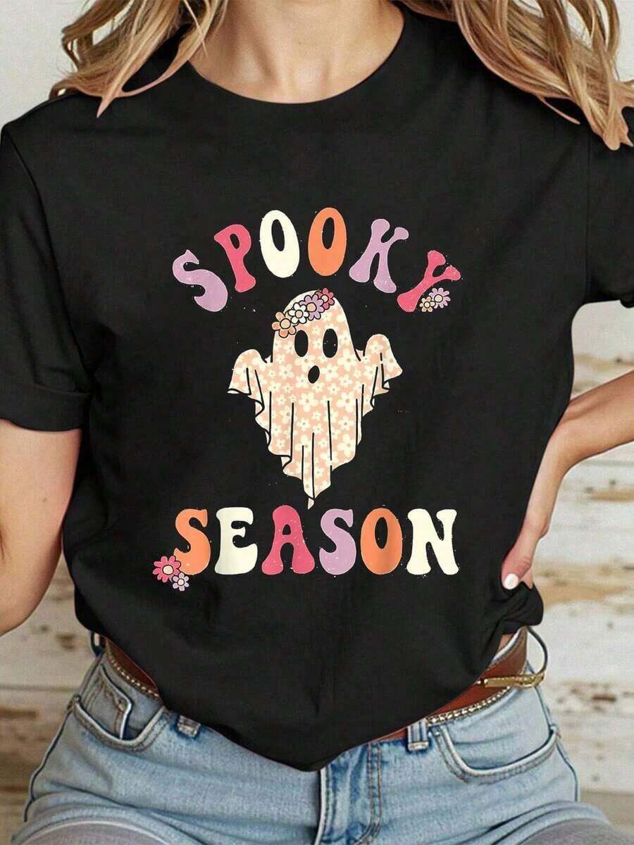 Camiseta Casual 100% Algodón para Mujer, Estilo Vintage con Estampado Floral de Fantasmas, Linda para la Temporada de Halloween - Negro - Ver 1