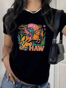 Camiseta con Estampado Gráfico de Vaquera Montando a Caballo, 180g, 1 Pieza, Estilo Western Rodeo, Casual para Mujer, 100% Algodón, Estilo Vintage - Negro - Ver 9
