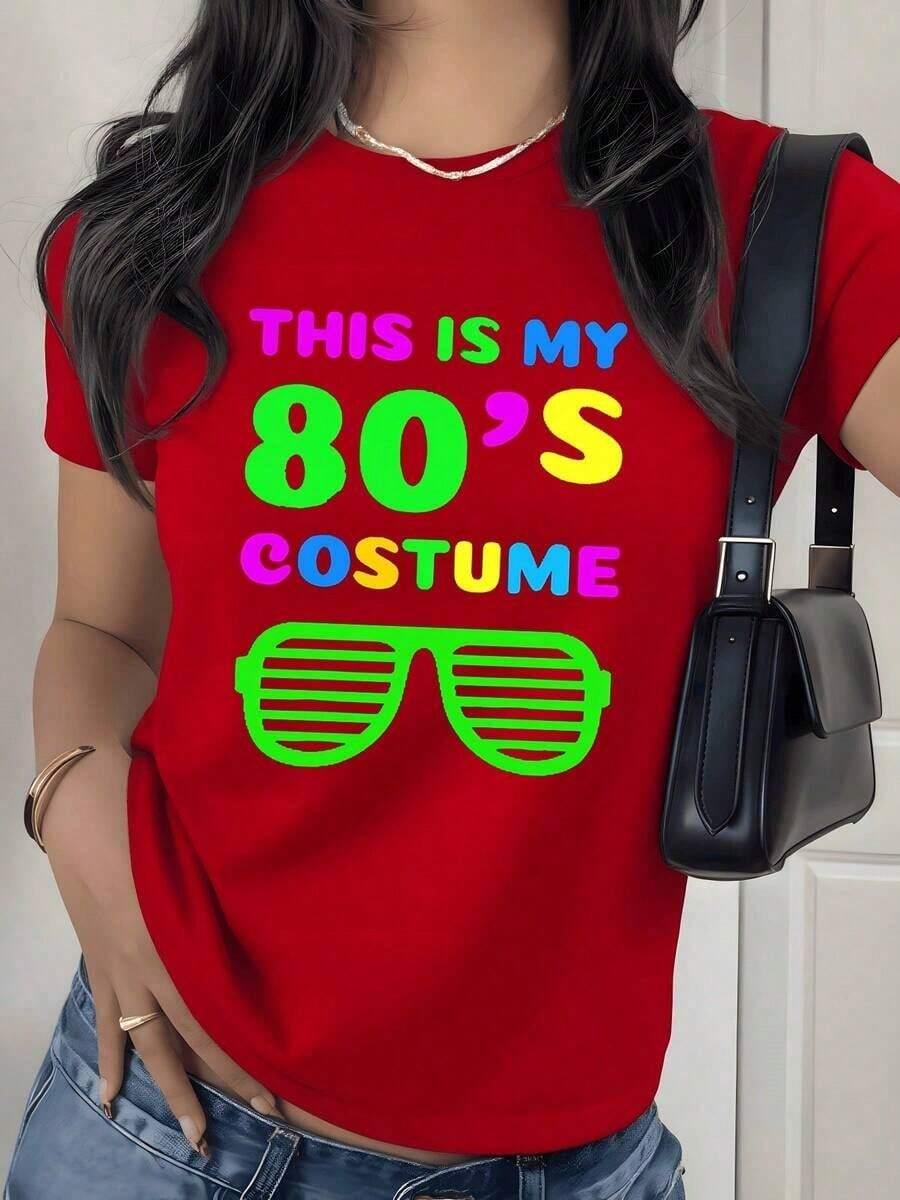 Camiseta con Estampado Gráfico de Gafas de Sol Retro de Neón, 180g, 1 Pieza, Divertida, Estilo Años 80, Casual para Mujer, 100% Algodón, Estilo Vintage para Fiesta - Rojo - Ver 1