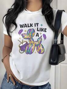 Camiseta con Estampado Gráfico de Perro Globo Colorido y Tambor, 180g, 1 Pieza, Estilo Casual para Mujer, 100% Algodón, Estilo Vintage Streetwear para Festivales y Desfiles - Blanco - Ver 9