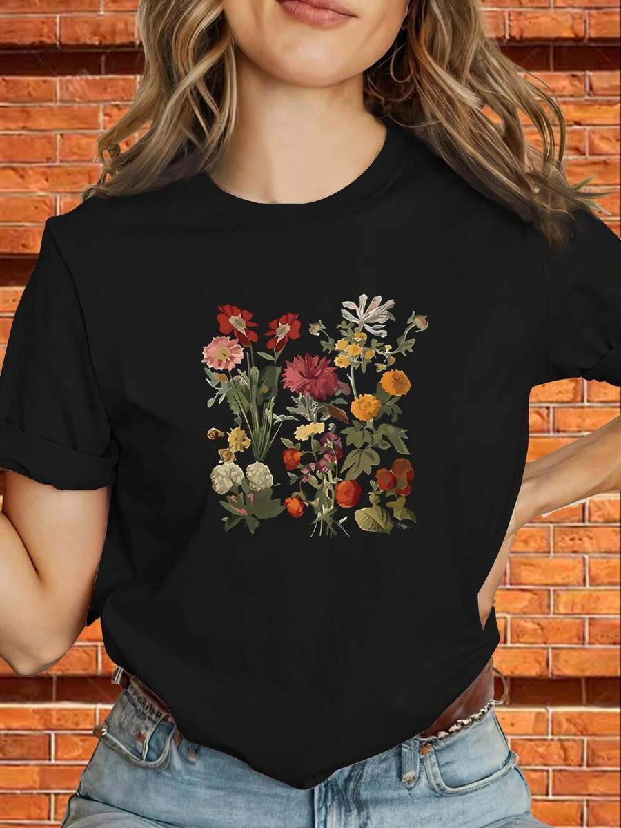 Una camiseta de manga corta para mujer, moderna, a la moda, retro, casual y holgada, adecuada para actividades al aire libre en primavera y verano, con diseño de marca "Azul Marino Floral" y estampado geométrico estilo Y2K - top de manga corta de corte ajustado, camisa casual de verano en negro y dorado, tela elástica lavable a máquina (antiarrugas), adecuada para uso casual y para combinar con otras prendas.blusas para mujer,blusas casuales para dama,tops,, mujer premium,y2k,playeras de mujer curvy,ofertas y liquidaciones ropa mujer,playeras deportivas para mujer,,playeras de hombre, mujer,blusas>elegante CQ9C - Negro - Ver 1