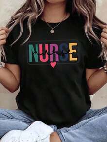 Camiseta de Enfermera Colorida con Diseño de Corazón para Enfermeras y Trabajadores de la Salud, Regalo Perfecto para Estudiantes de Enfermería o para el Día del Agradecimiento a las Enfermeras, 220g - Estilo Vintage Urbano, Unisex, de Algodón, Manga Corta, Cuello Redondo, 100% Algodón - Negro - Ver 1