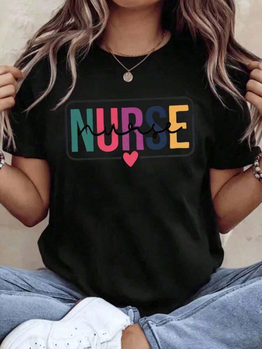 Camiseta de Enfermera Colorida con Diseño de Corazón para Enfermeras y Trabajadores de la Salud, Regalo Perfecto para Estudiantes de Enfermería o para el Día del Agradecimiento a las Enfermeras, 220g - Estilo Vintage Urbano, Unisex, de Algodón, Manga Corta, Cuello Redondo, 100% Algodón - Negro - Ver 1