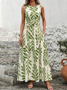 Vestido de verano sin mangas con cuello redondo, cintura ajustada y estampado todo sobre todo, para uso casual y vacaciones - verde menta - Ver 5