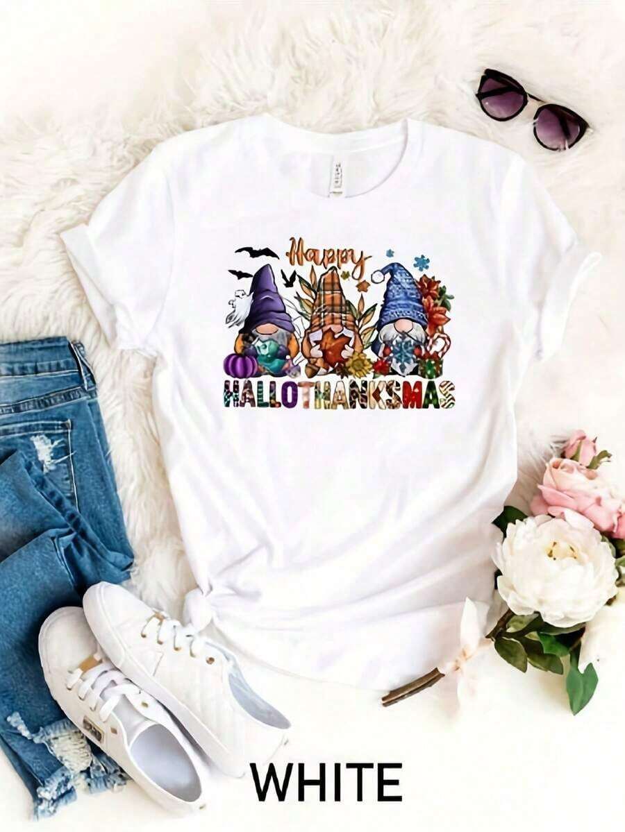 Happy Hallotkas Gnomes T-Shirt, Funny Day Sean T-Shirt, Thanksgiving Party, Halloween Gnomes, Christmas Party Gift For Women, Women's T-Shirts - 白色 6 - 查看 1