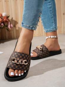Elegant, Soft, Comfortable, Minimalist And Versatile Women's Sandals With Chain Decoration, Casual Flat Slippers For Indoor And Outdoor Use - 布朗 2 - 查看 5