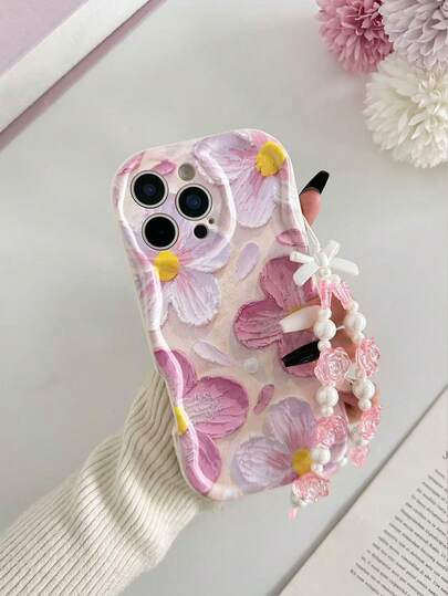 Cream Textured Wavy Edge Gloss Oil Ditsy Floral Painted Anti-Drop Phone Case With Beaded Bracelet Accessory, Compatible With IPhone 17pro/17Air /17/17promax16/11/16pro/16plus/16promax/16e/15Promax/13/14/12/XS/XR/7G/8P, Galaxy 11/12Pro/12/12X/13Pro/14Pro/15Pro/, 10/9/Note9/12c/Note11pro/Note8Pro
