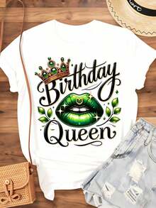 1 camiseta de "Reina del Cumpleaños" con diseño de corona y labios verdes para mujer, regalo de celebración de cumpleaños, atuendo de fiesta, ropa casual de verano, 180g, 100% algodón. - Negro - Ver 10