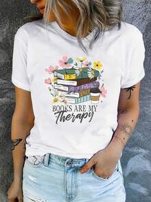 Camiseta Vintage con Estampado de Libros para Mujer - Diseño de Libros y Flores, Manga Corta, Cuello Redondo, Top Casual, Opaca, Lavable aáquina, Camiseta para Todas las Temporadas, Prenda Misteriosa, Tela Cómoda, Ropa Casual, Camiseta Ligera de Estilo Bohemio, Camiseta Estampada - Camiseta Vintage de Estilo Urbano Unisex, Holgada, de Algodón, Manga Corta y Cuello Redondo - Blanco - Ver 7