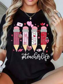 Camiseta De Vida De Maestro De San Valentín Con Diseño De Lápices Y Corazones Para Maest, Regalo Del Día De San Valentín, Arte Para Usar De Educadores Round Neck Printed Short Sleeve Casual Everyday T-Shirt, They Are Excellent Gifts For Friends And Family,100% Cotton T-Shirts Feature, A Youthful And Fashionable Design - Negro - Ver 6