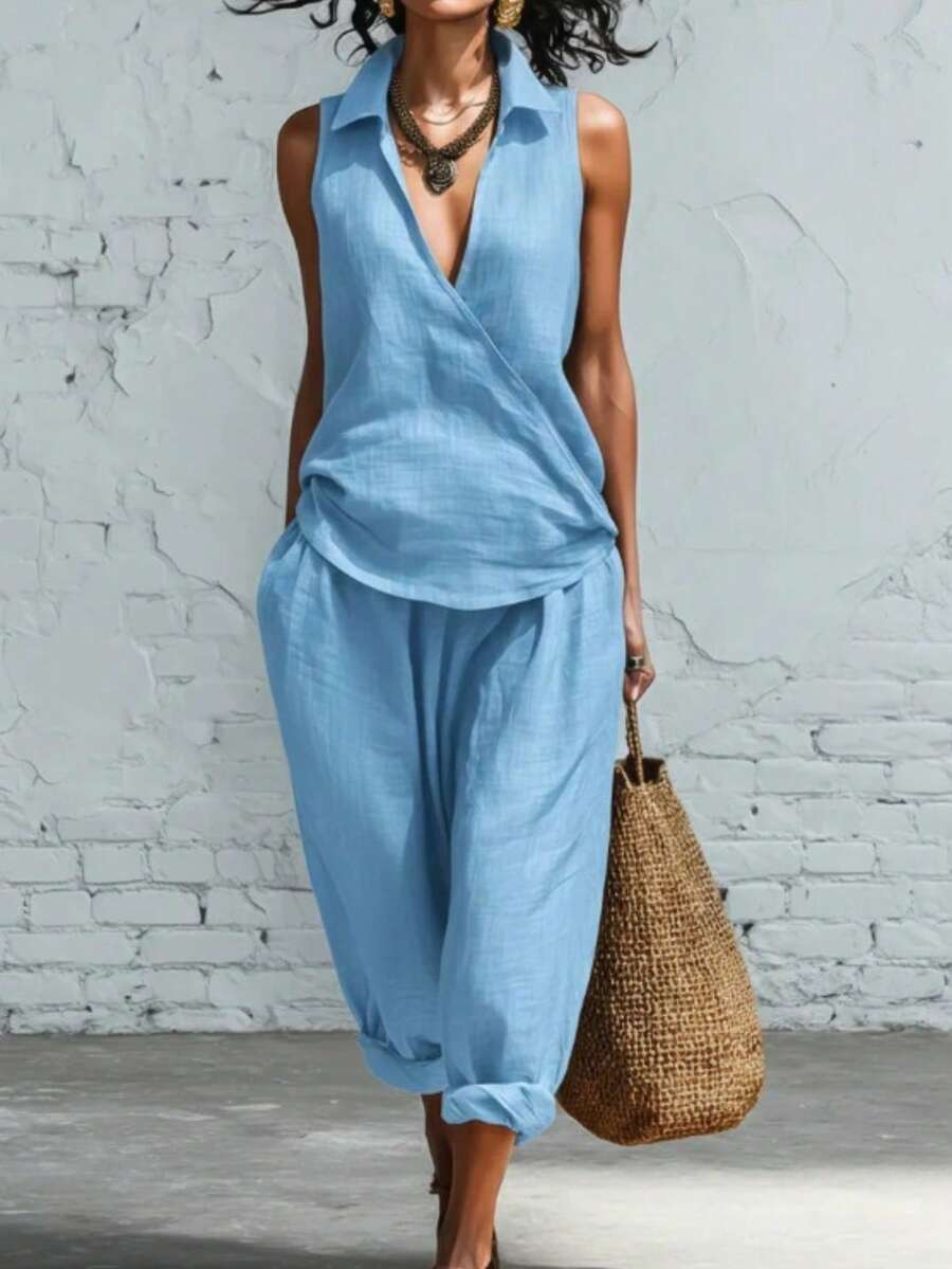 Conjunto dos piezas lino con camisa de cuello solapa y pantalones anchos - Azul - Ver 1