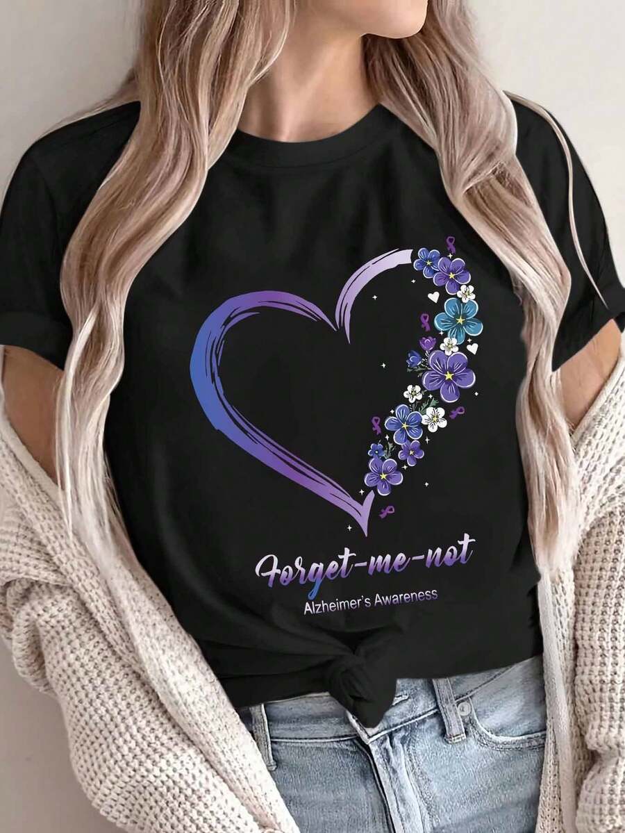 Camiseta de manga corta con cuello redondo y estampado de corazones, estilo europeo y americano, para mujer, tipo pullover deportivo. EJGJ - Negro - Ver 1