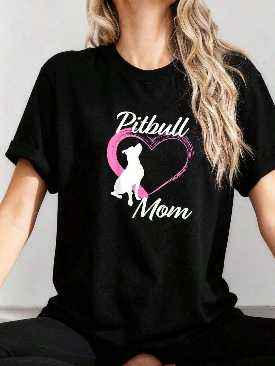 Camiseta Casual con Corazón Rosa para Mamá Pitbull - Regalo para Amantes de Pitbull - Negro - Ver 1
