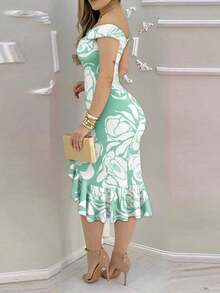 ChicMe Vestido de mujer con estampado floral, hombros abiertos, volantes en el bajo y abertura, vestido elegante y entallado de longitud media, adecuado para fiestas, cócteles y uso de verano - Gris - Ver 4
