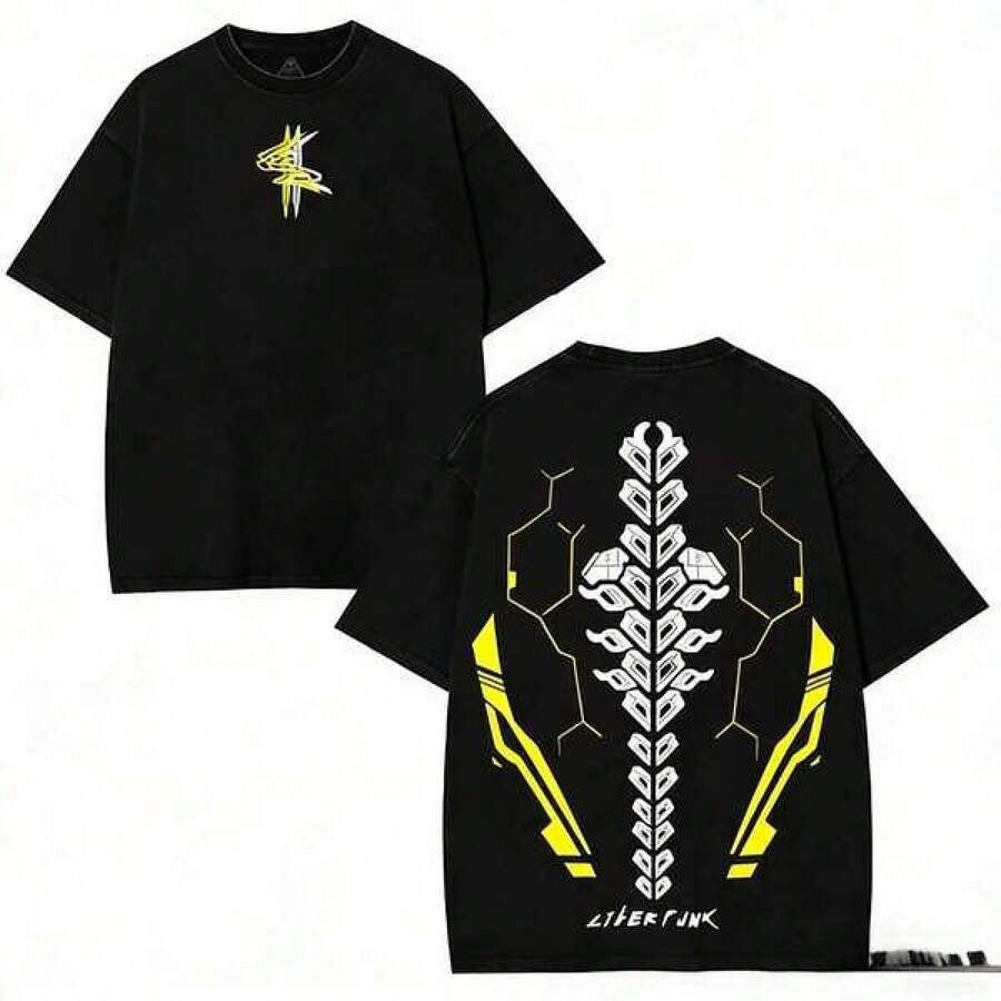 Camisetas de San Valentín Cyberpunk 2077 Anime con doble estampado vintage lavado, camiseta unisex de algodón pesado lavado de manga anime, regalo para fanáticos del anime, ropa para amantes del anime - Negro - Ver 1