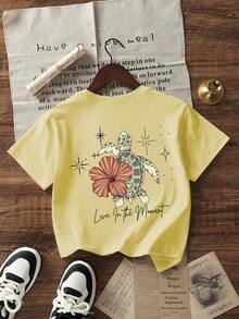 Camiseta de Verano para Mujer con Estampado de Tortugas, Flores y Letras, Casual, Holgada, de Cuello Redondo, para Vacaciones en la Playa - Amarillo - Ver 5