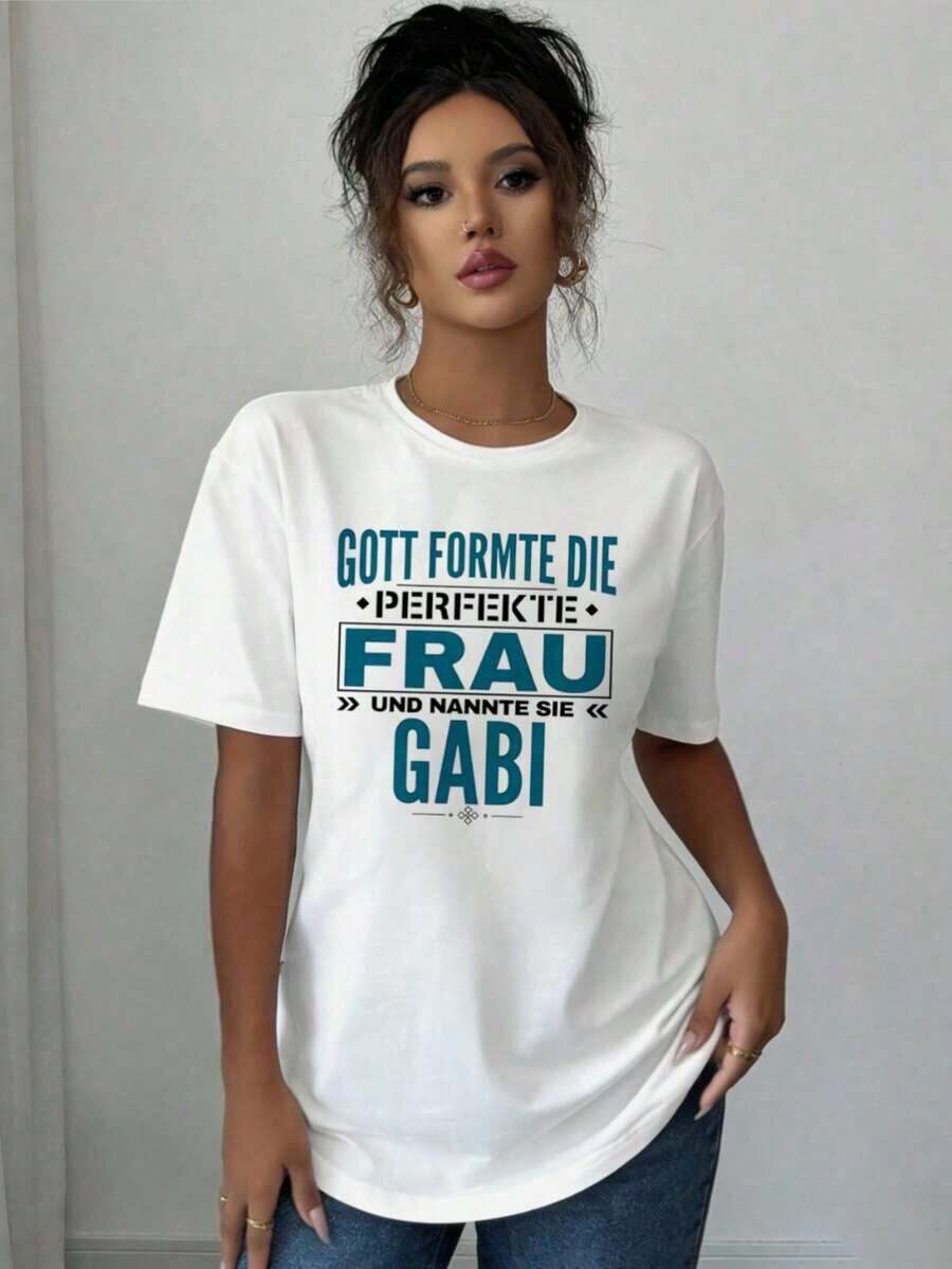 ComfortableGott Formte Die Frau Gabi Camiseta con Estampado Gráfico Alemán | Top Casual de Manga Corta y Cuello Redondo para Verano y Primavera, Ropa de MujerFashion All-match Women's Shor - Blanco - Ver 1
