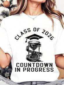 Camiseta de Cuello Redondo para Mujer, Camiseta de Moda con Estampado Gráfico de Cuenta Regresiva para Graduación en Progreso, para Eventos Escolares y Celebraciones de Graduación, 220g, Playera Holgada para Mujer - Blanco - Ver 7