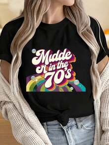 Camisetas para Mujer y Hombre con Cuello Redondo y Mangas Cortas, Estilo Retro Vintage de los 70 con Diseño de Arcoíris para Mujer, Camiseta Casual Unisex de Moda, Estilo de los 70, Camiseta Gráfica con Estampados Divertidos, Adecuada para Fiestas de Navidad, Actividades Deportivas, Fiestas de Vacaciones, Salidas, Deportes y Otros Regalos Festivos. - Negro - Ver 1