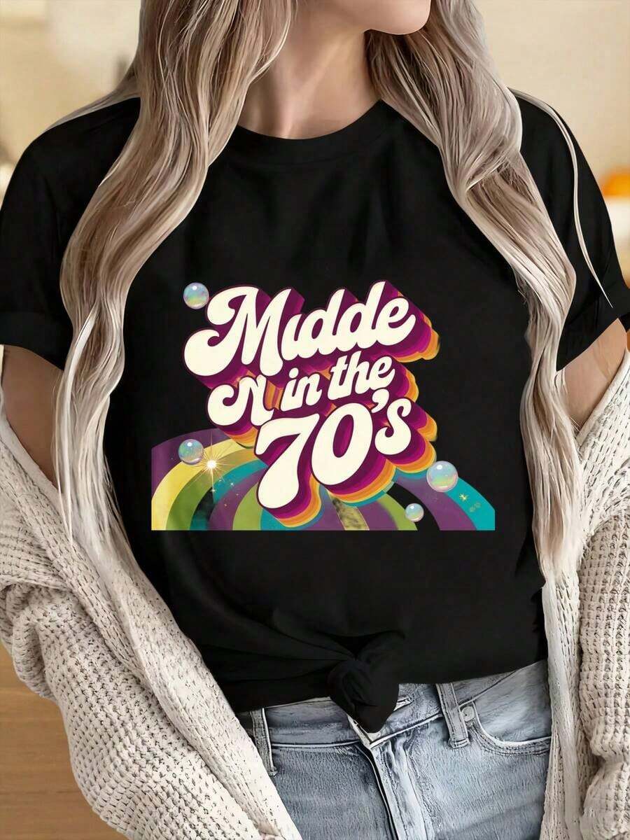 Camisetas para Mujer y Hombre con Cuello Redondo y Mangas Cortas, Estilo Retro Vintage de los 70 con Diseño de Arcoíris para Mujer, Camiseta Casual Unisex de Moda, Estilo de los 70, Camiseta Gráfica con Estampados Divertidos, Adecuada para Fiestas de Navidad, Actividades Deportivas, Fiestas de Vacaciones, Salidas, Deportes y Otros Regalos Festivos. - Negro - Ver 1