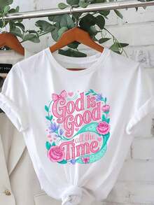 Camiseta de fe cristiana para mujer, estampada con "Dios es siempre bueno" y motivos florales - Camiseta casual de manga corta y cuello redondo, diseño inspirado en rosa suave y azul verdoso, ropa de iglesia para verano y primavera, ropa religiosa, resistente a las arrugas, transpirable y cómoda. - Blanco - Ver 1