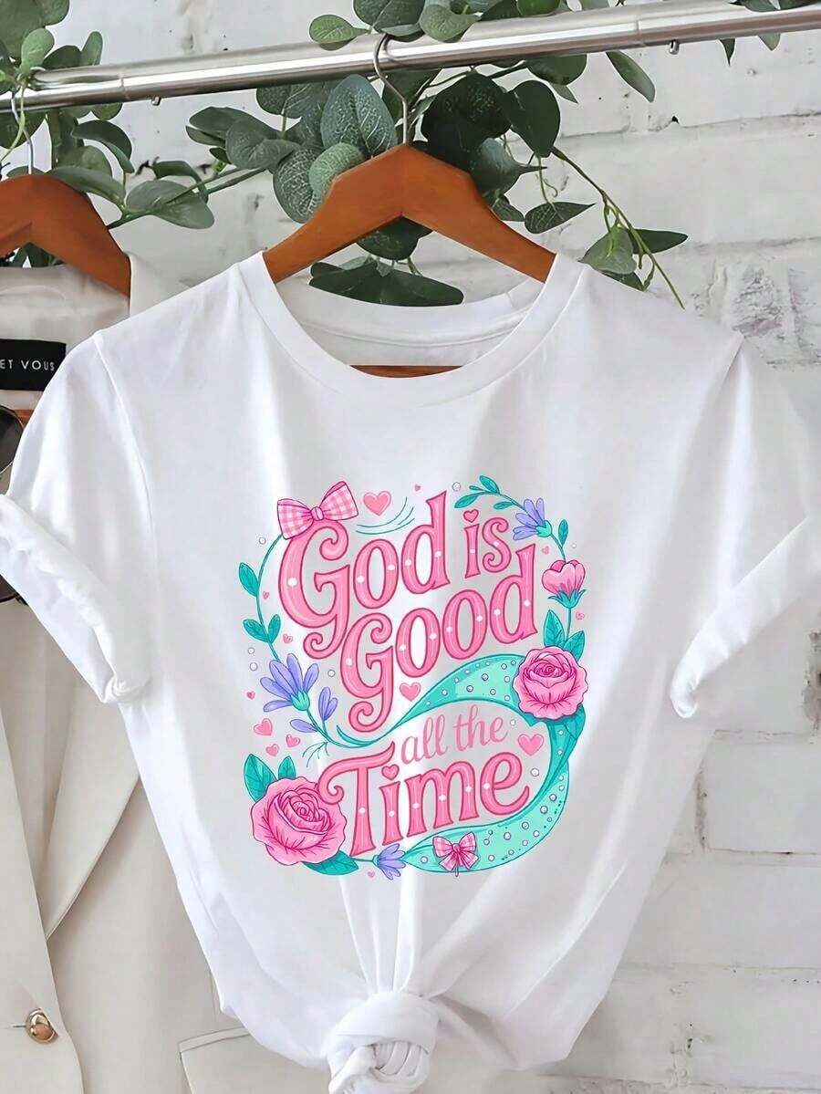 Camiseta de fe cristiana para mujer, estampada con "Dios es siempre bueno" y motivos florales - Camiseta casual de manga corta y cuello redondo, diseño inspirado en rosa suave y azul verdoso, ropa de iglesia para verano y primavera, ropa religiosa, resistente a las arrugas, transpirable y cómoda. - Blanco - Ver 1