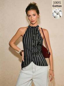 Blusa de verano con estampado de rayas, lazo decorativo y ajuste ceñido para uso casual, de viaje y diario - Negro - Ver 1