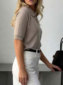 Camiseta de punto de manga corta para mujer, suéter casual cómodo y suave con cuello polo, para primavera/verano - Caqui - Ver 6