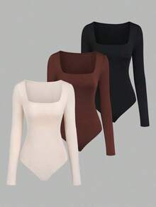 Set de 3 bodys de manga larga para mujer en color albaricoque, marrón café y negro, de ajuste ceñido y estilo minimalista y versátil para el día a día - Multicolor 6 - Ver 3